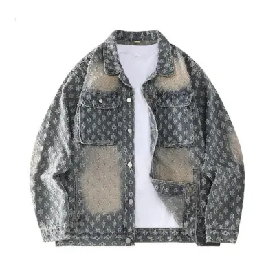 Men Fashion Street Tide Jacquard Lapel Long-Sleeve Denim Jacket