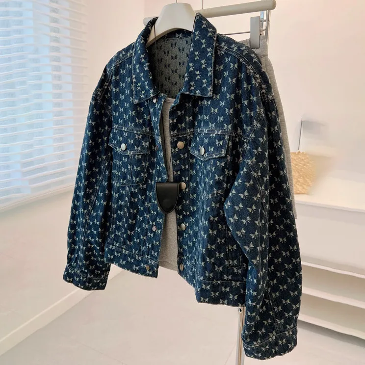Women Casual Printed Lapel Long Sleeve Denim Jacket Retro Style