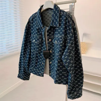 Women Casual Printed Lapel Long Sleeve Denim Jacket Retro Style