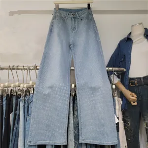 Women Fashion Casual Rhinestone High Waist Loose Denim Jeans