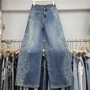 Women Fashion Casual Cashew Flower Printed Loose Wide Leg Jeans