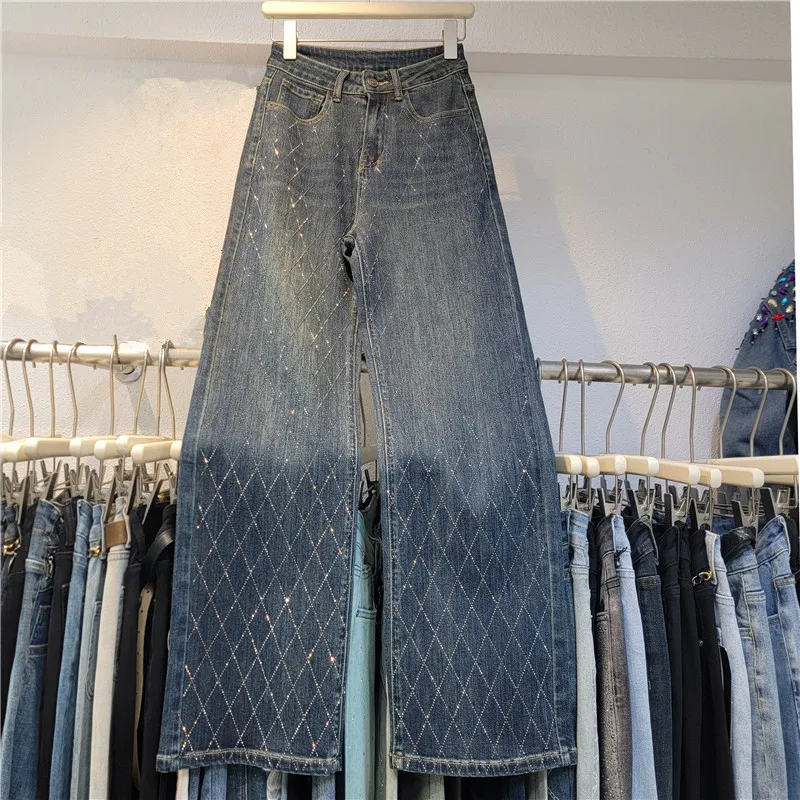 Women Fashion Casual Rhinestone Rhombus High Waist Loose Wide Leg Jeans