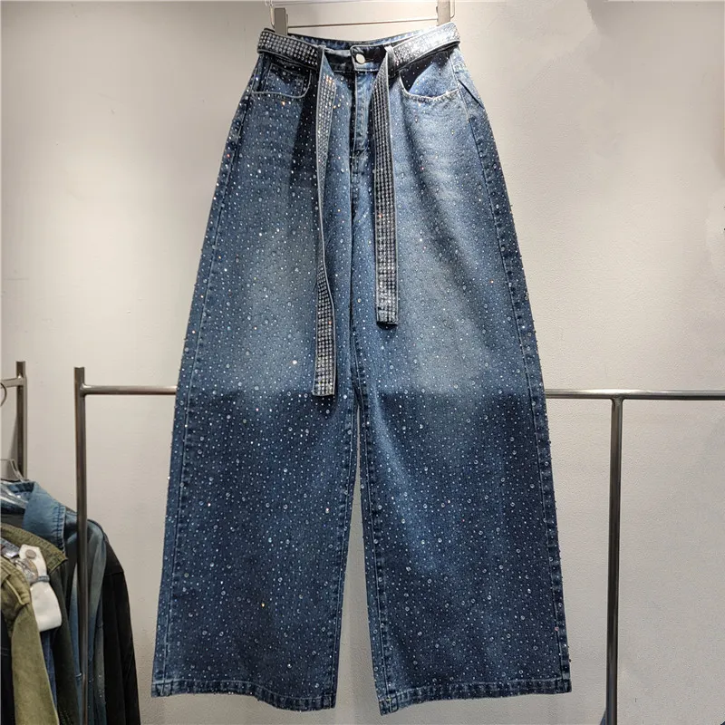 Women Fashion Casual Solid Color Rhinestone Ribbon Loose Wide Leg Jeans