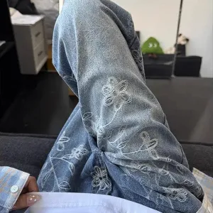 Women Fashion Casual Autumn Embroidered Jacquard Jeans