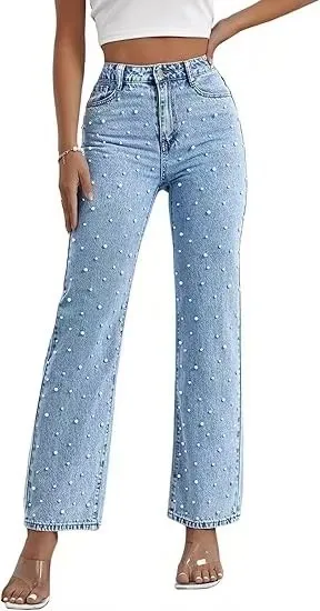 Women Casual Beaded High Waist Slim Fit Straight Jeans