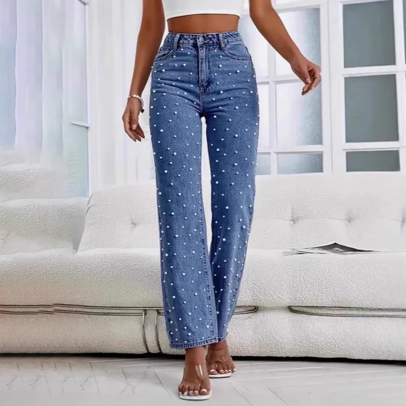 Women Casual Beaded High Waist Slim Fit Straight Jeans