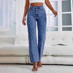 Women Casual Beaded High Waist Slim Fit Straight Jeans