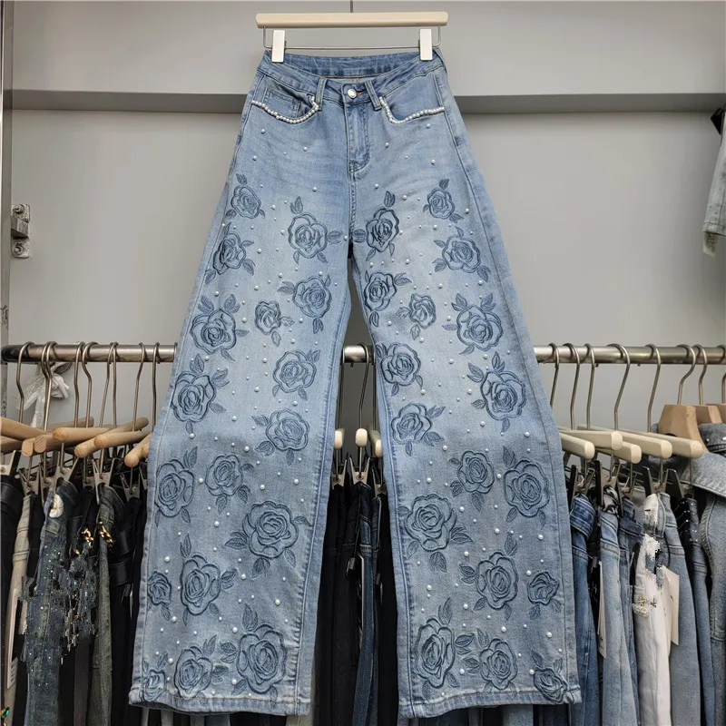 Women Fashion Casual Beaded Embroidered High Waist Loose Wide-Leg Jeans