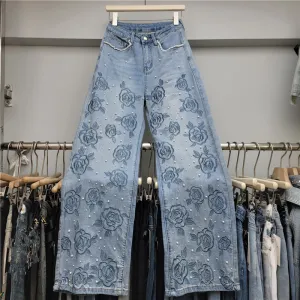 Women Fashion Casual Beaded Embroidered High Waist Loose Wide-Leg Jeans