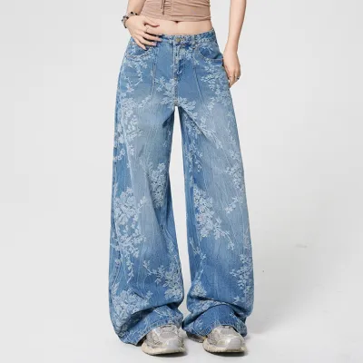 Women Fashion Casual Autumn Jacquard Loose Wide Leg Jeans