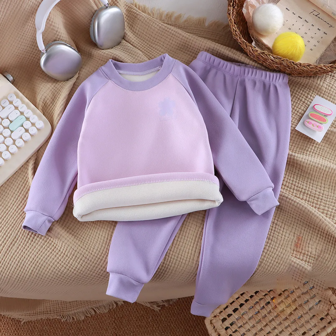 Kids Boys Girls Fashion Autumn Winter Color Block De Velvet Thickened Long-Sleeve Top Loose Pants Two-Piece Set