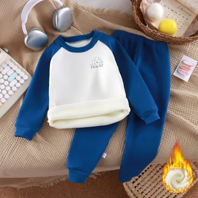 Kids Boys Girls Fashion Autumn Winter Color Block De Velvet Thickened Long-Sleeve Top Loose Pants Two-Piece Set