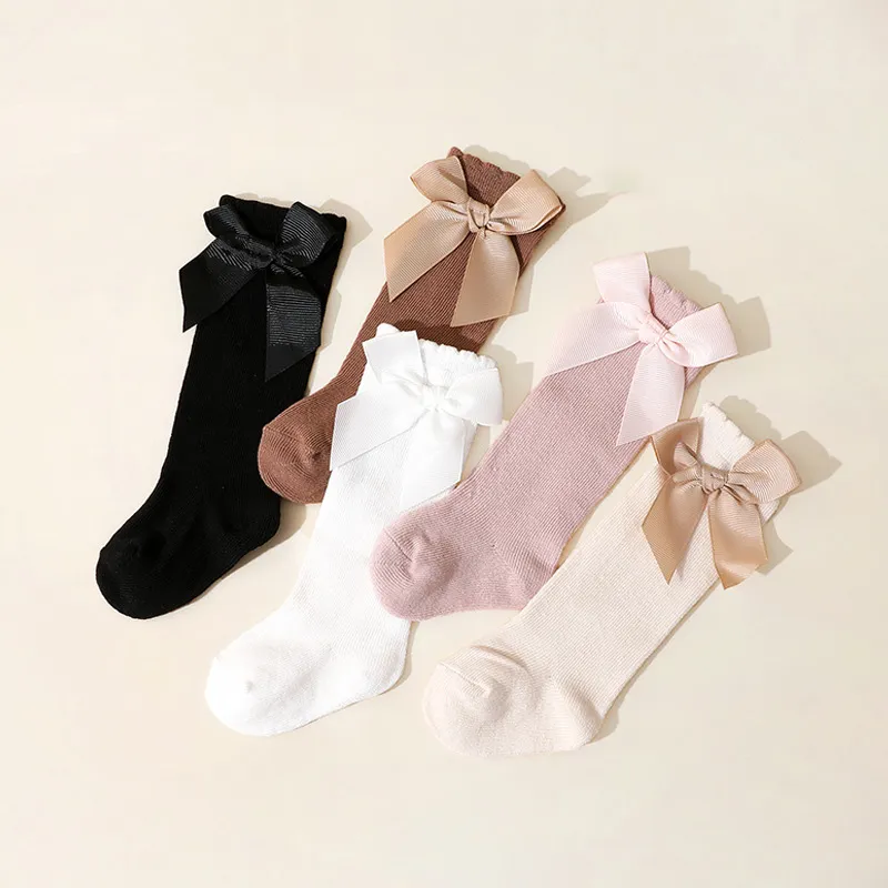 Kids Girls Fashion Spring Autumn Solid Color Bowknot Socks 5 Pairs Set