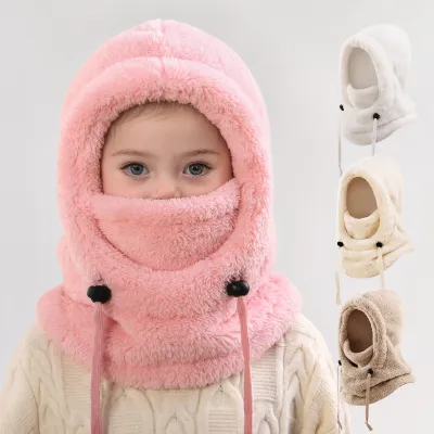 Kids Fashion Autumn And Winter Solid Color Plush Warm Ear Protection Neck Integrated Cap