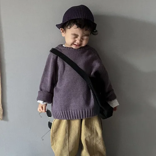 Kids Boys And Girls Autumn Winter Solid Color Crew Neck Long Sleeve Sweater Pullover Spandex