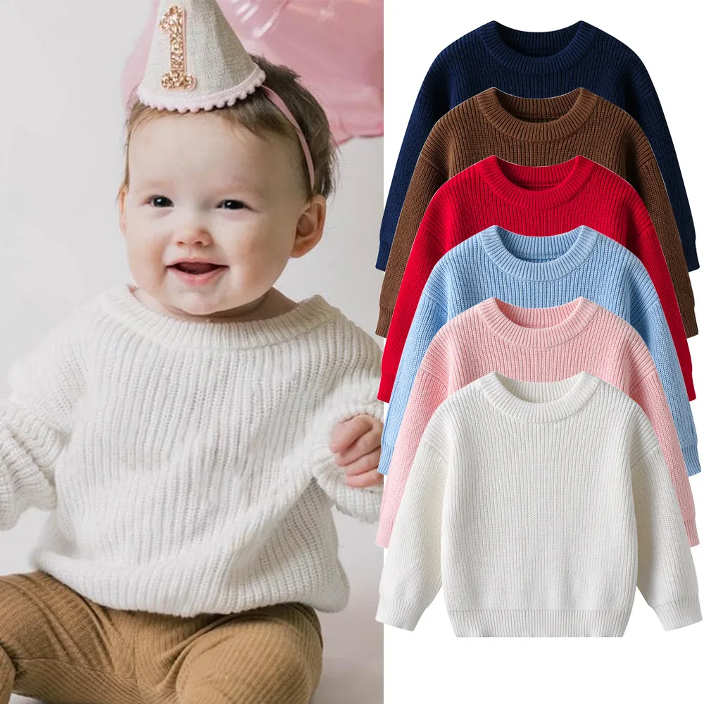 Kids Baby Girl Boys Autumn Winter Thick Cotton Knit Solid Color Crewneck Long-Sleeve Pullover Sweater