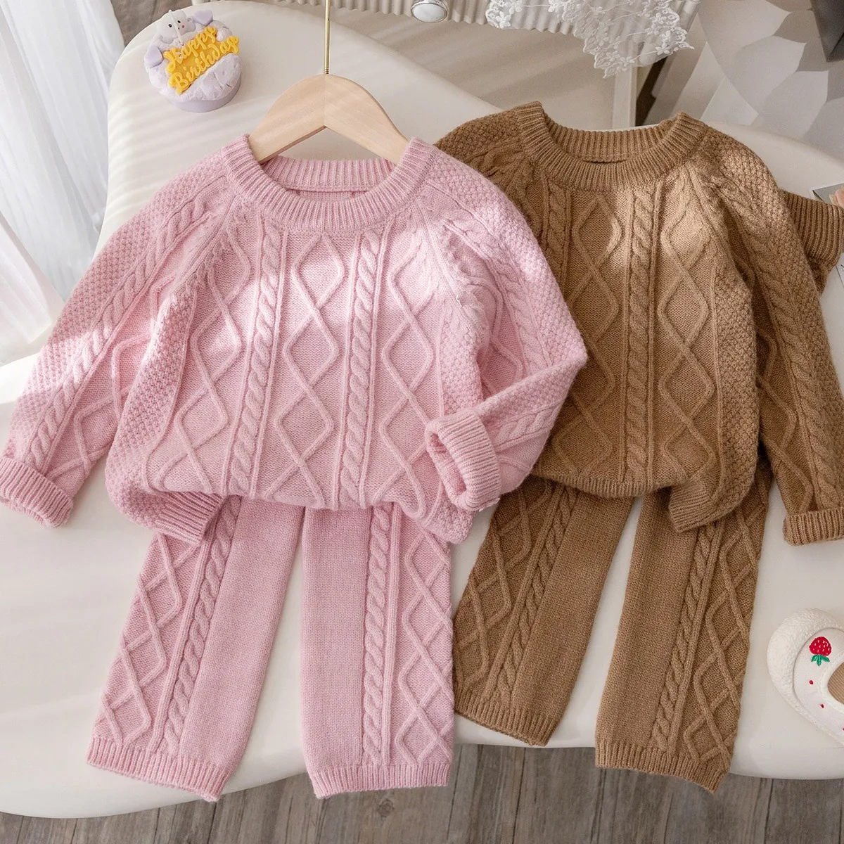 Kids Girls Knitted Two-Piece Set Autumn Winter Thickened Long Sleeve Solid Color Sweater and Pants Pullover Loose
