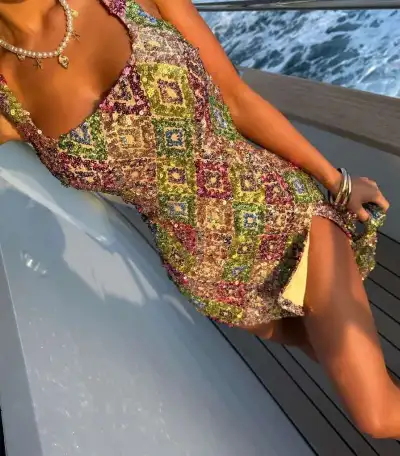 Women Fashion Sexy Multicolor Sequin Sleeveless Slim Fit Dress