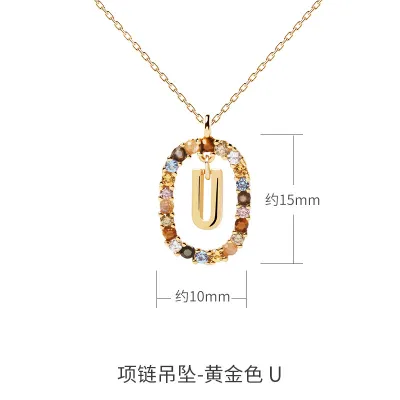 Women Fashion Simple Small Rhinestone 26 Alphabet 925 Sterling Silver Necklace