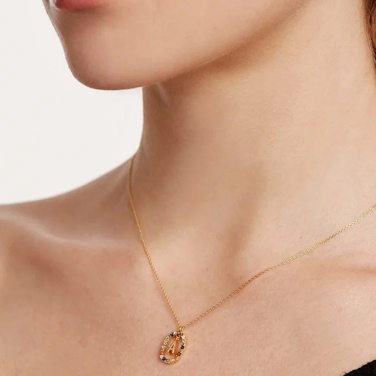 Women Fashion Simple Small Rhinestone 26 Alphabet 925 Sterling Silver Necklace