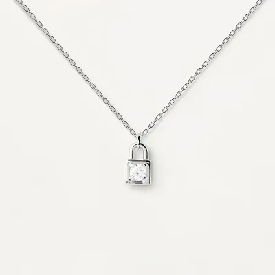 Women Fashion Rhinestone Lock Love Key S925 Sterling Silver Necklace