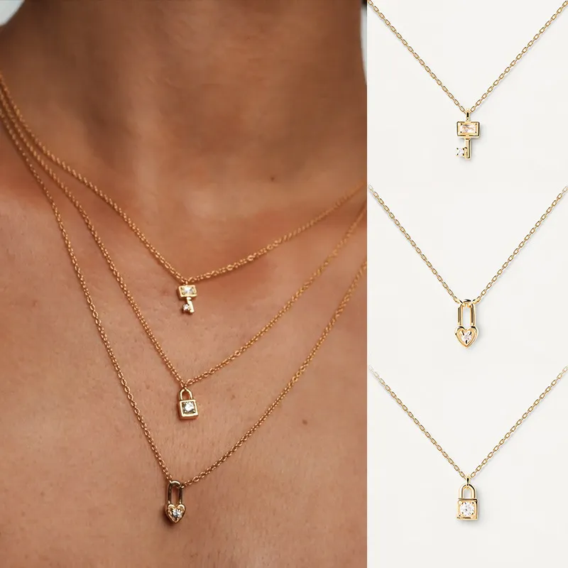 Women Fashion Rhinestone Lock Love Key S925 Sterling Silver Necklace