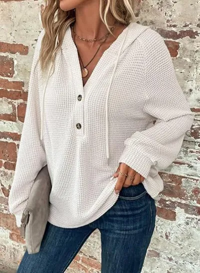 Women Casual Solid Color Waffle V-Neck Long Sleeve Drawstring Button Hoodies