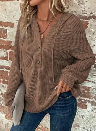 Women Casual Solid Color Waffle V-Neck Long Sleeve Drawstring Button Hoodies
