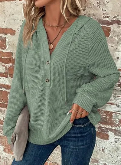Women Casual Solid Color Waffle V-Neck Long Sleeve Drawstring Button Hoodies