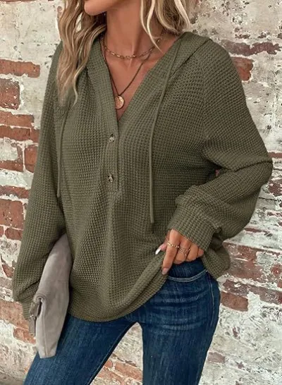 Women Casual Solid Color Waffle V-Neck Long Sleeve Drawstring Button Hoodies