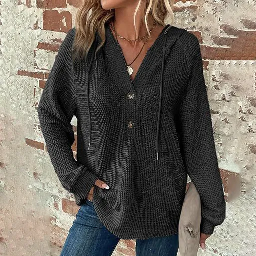 Women Casual Solid Color Waffle V-Neck Long Sleeve Drawstring Button Hoodies