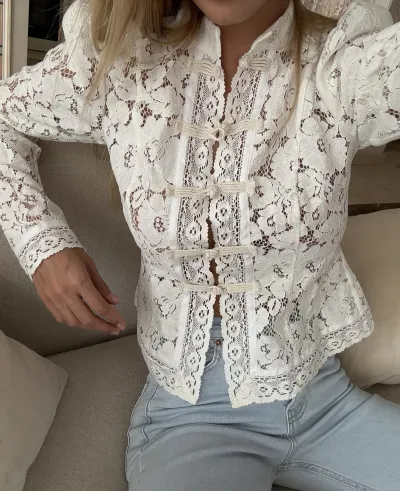 Women Elegant Lace Crochet Long-Sleeve Slim-Fit Blouse