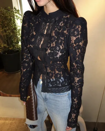 Women Elegant Lace Crochet Long-Sleeve Slim-Fit Blouse