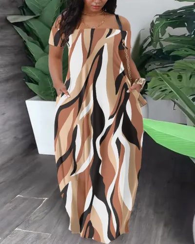 Women Plus Size Off-Shoulder Printed Casual Loose Pocket Dress