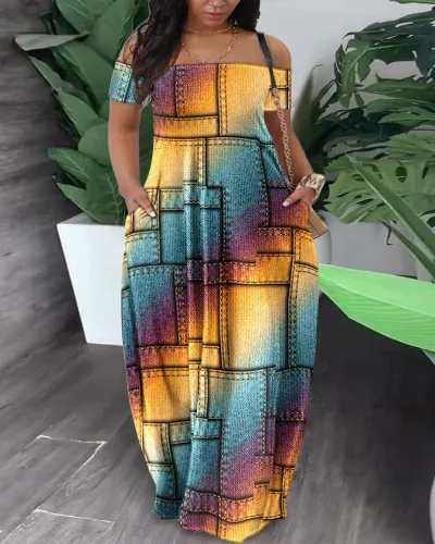 Women Plus Size Off-Shoulder Printed Casual Loose Pocket Dress
