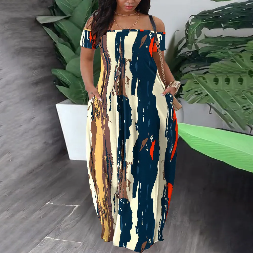 Women Plus Size Off-Shoulder Printed Casual Loose Pocket Dress