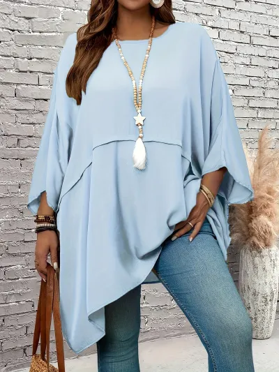 Women Casual Plus Size Solid Color Long Bat Sleeve Loose T-Shirt