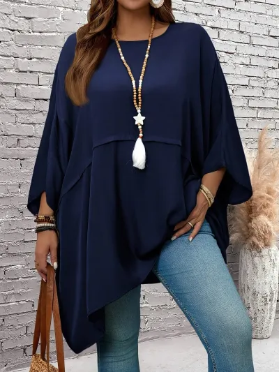 Women Casual Plus Size Solid Color Long Bat Sleeve Loose T-Shirt