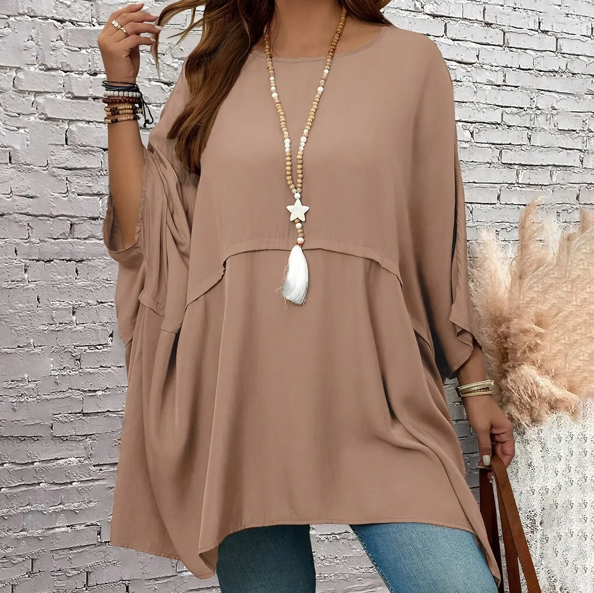 Women Casual Plus Size Solid Color Long Bat Sleeve Loose T-Shirt