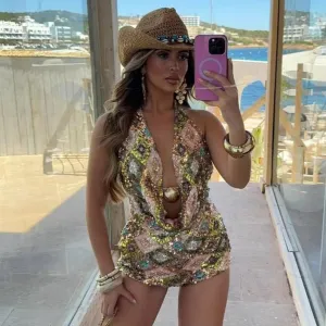 Women Sexy Plaid Sequins Metal Buckle Halter-Neck Sleeveless Crop Top Tight Shorts Two-Piece Set