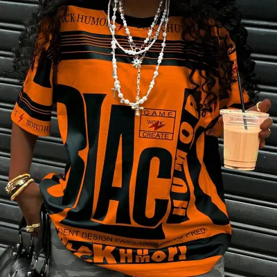 Women Fashion Casual Plus Size Printed Round-Neck Short-Sleeve T-Shirt