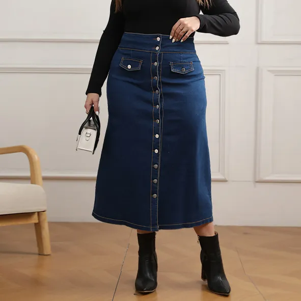 Women Plus Size High Waist Button Denim Skirt Casual Fresh Sweet Style