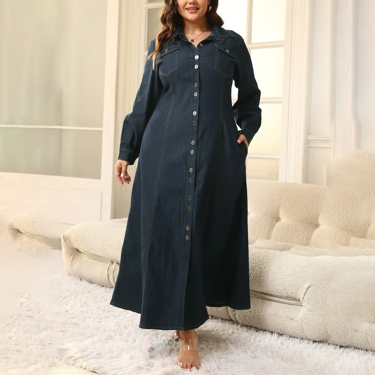 Women's Casual Plus Size Slim Fit Lapel Long-Sleeve Denim Dress