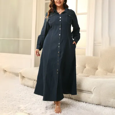 Women's Casual Plus Size Slim Fit Lapel Long-Sleeve Denim Dress