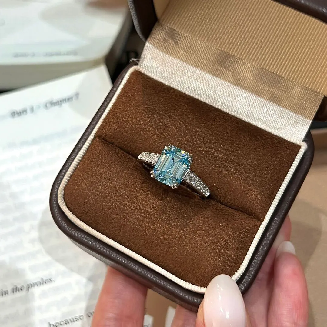 Women Fashion Elegant 925 Sterling Silver Rectangular Aquamarine Ring