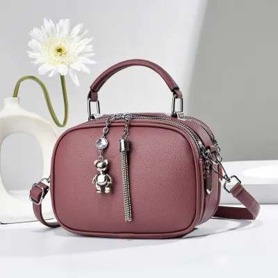 Women Fashion Simple Solid Color Bear Pendant Handbag PU Medium