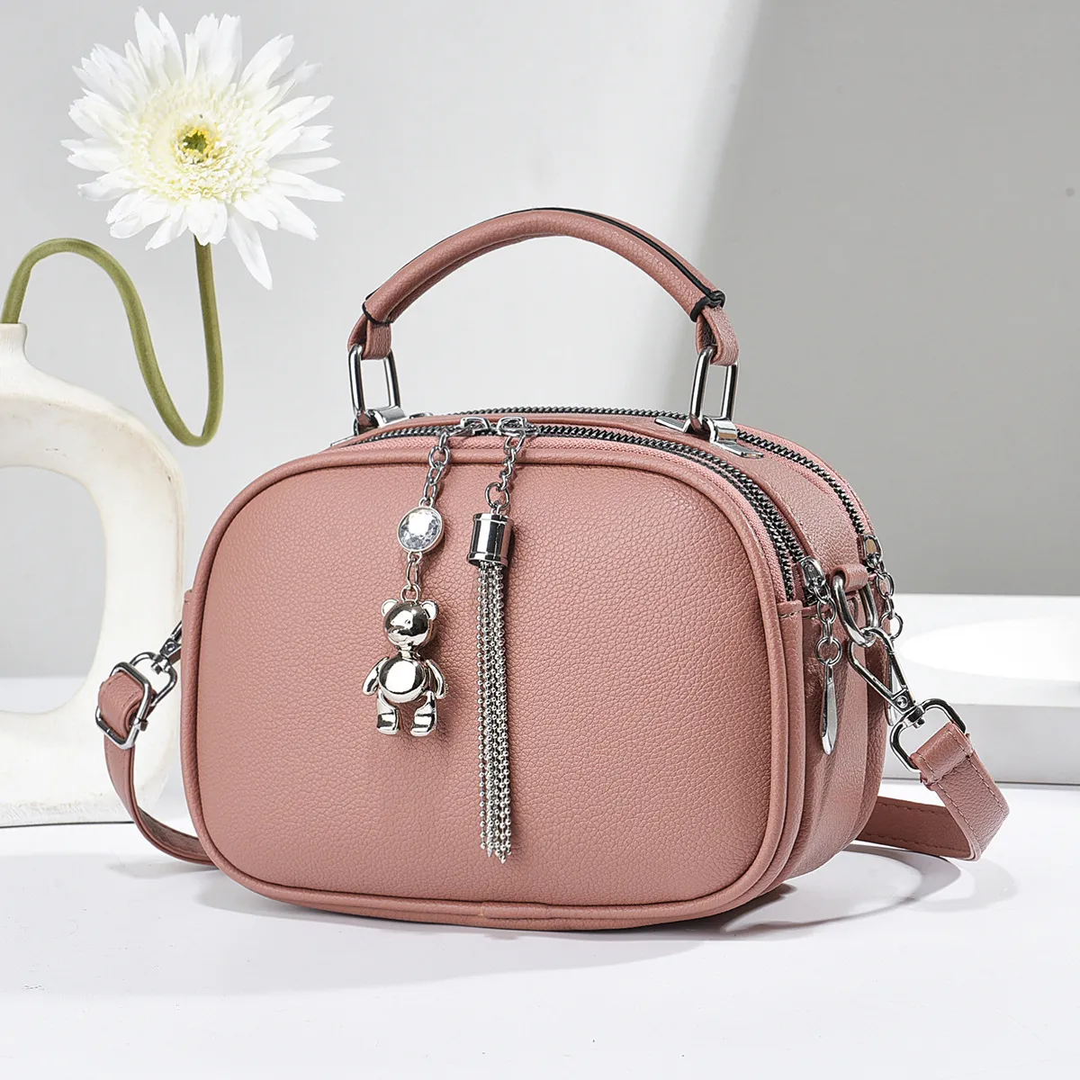 Women Fashion Simple Solid Color Bear Pendant Handbag PU Medium