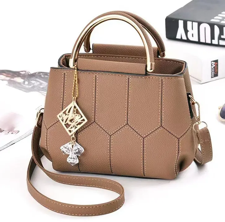 Women Fashion Simple Solid Color Embroidered PU Small Square Handbag Zipper