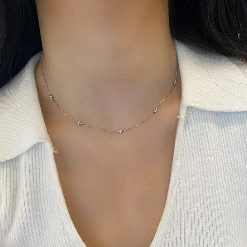 Women Fashion S925 Silver Zircon Four-Leaf Clover Star Necklace