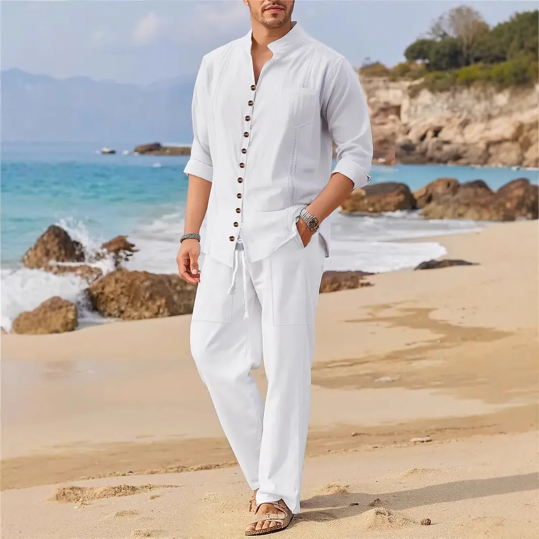 Men Casual Spring Autumn Solid Color Short-Sleeve Shirt and Loose Pants Two-Piece Set